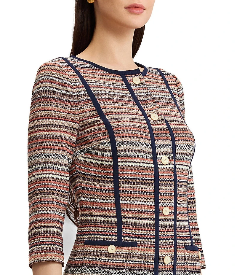 Ming Wang Horizontal Multi-Stitch Knit Round Neck 3/4 Sleeve Button-Front Sheath Dress