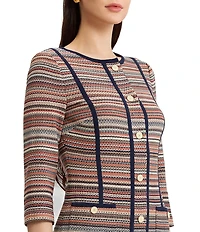 Ming Wang Horizontal Multi-Stitch Knit Round Neck 3/4 Sleeve Button-Front Sheath Dress