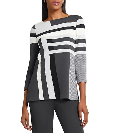 Ming Wang Intarsia Color Block Soft Knit Boat Neck 3/4 Sleeve Tunic
