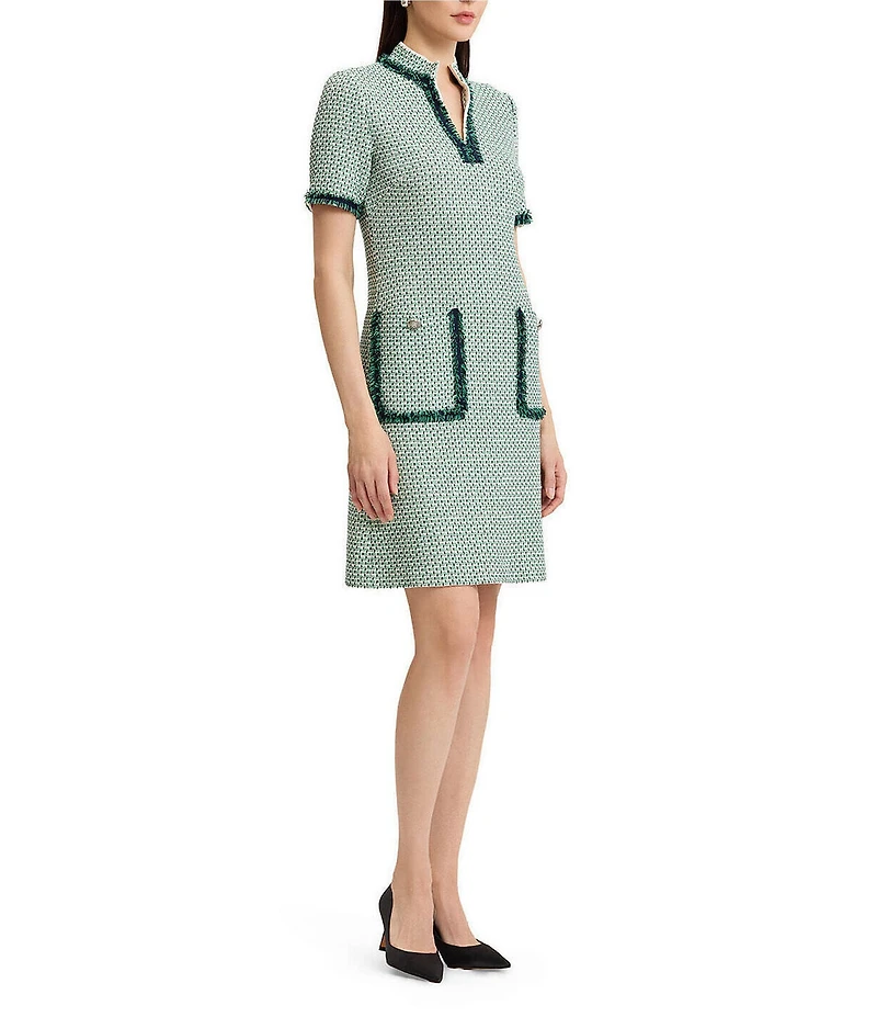 Ming Wang Jacquard Basketweave Knit Stand Collar V-Neck Short Sleeve Fringe Trim Dress