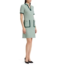 Ming Wang Jacquard Basketweave Knit Stand Collar V-Neck Short Sleeve Fringe Trim Dress