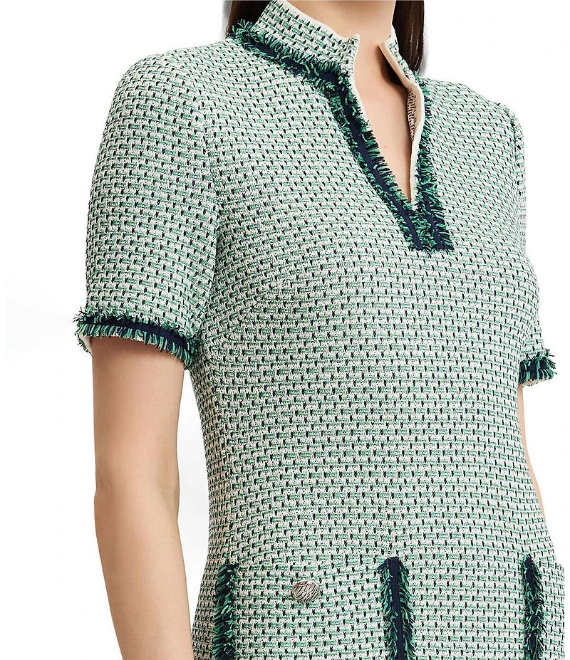 Ming Wang Jacquard Basketweave Knit Stand Collar V-Neck Short Sleeve Fringe Trim Dress