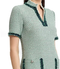 Ming Wang Jacquard Basketweave Knit Stand Collar V-Neck Short Sleeve Fringe Trim Dress