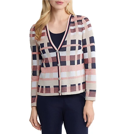 Ming Wang Jacquard Colorblock Knit V-Neck Long Sleeve Cardigan