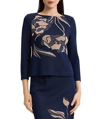 Ming Wang Jacquard Floral Knit Boat Neck Bracelet Sleeve Coordinating Top