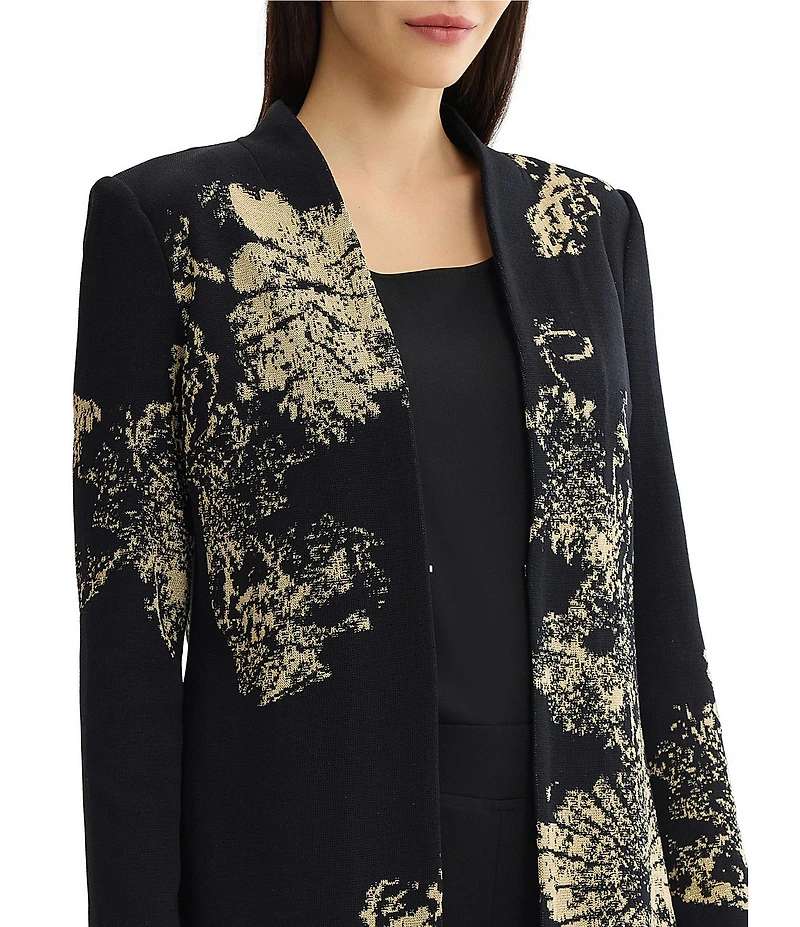 Ming Wang Jacquard Floral Lurex Knit Long Sleeve Jacket