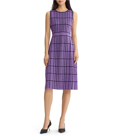 Ming Wang Jacquard Grid Knit Crew Neck Sleeveless A-Line Coordinating Dress