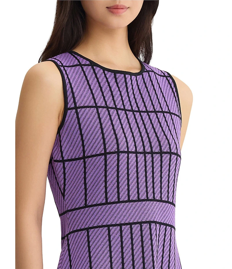 Ming Wang Jacquard Grid Knit Crew Neck Sleeveless A-Line Coordinating Dress