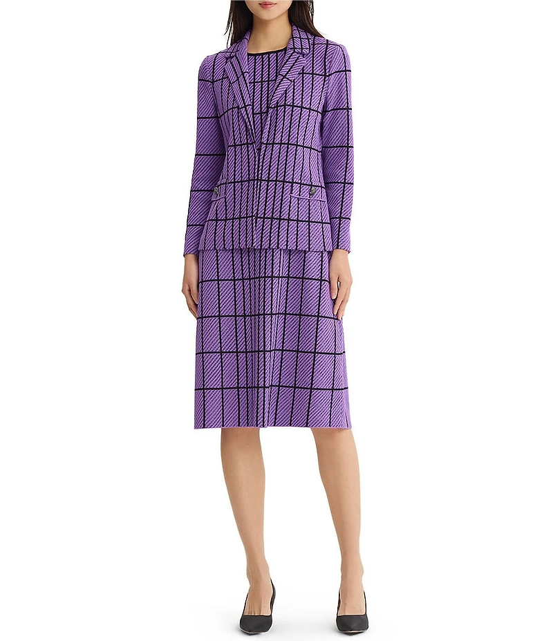 Ming Wang Jacquard Grid Knit Notch Lapel Collar Long Sleeve Coordinating Jacket
