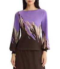Ming Wang Jacquard Knit Abstract Brushstroke Print Boat Neck Long Balloon Sleeve Top