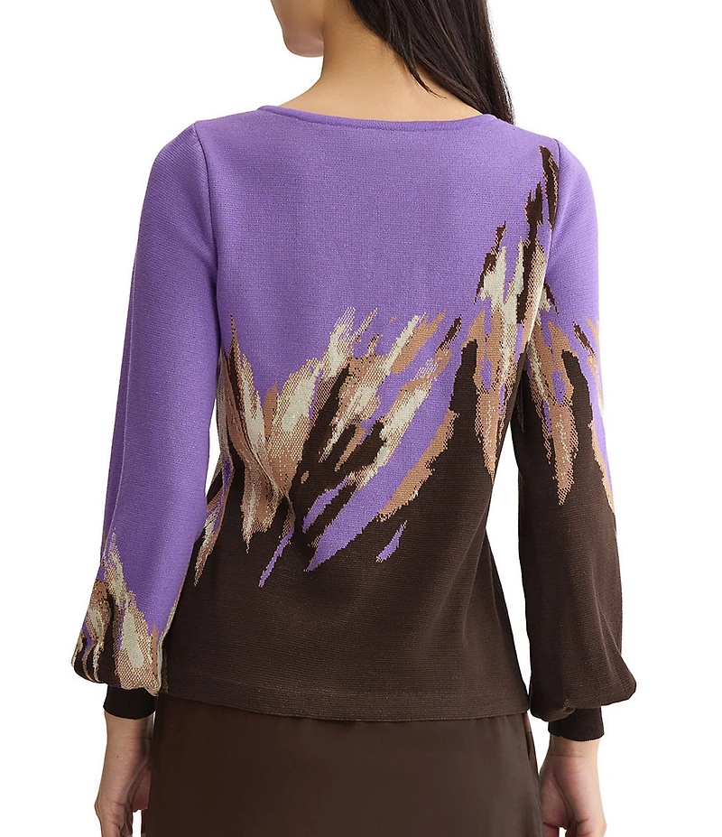 Ming Wang Jacquard Knit Abstract Brushstroke Print Boat Neck Long Balloon Sleeve Top