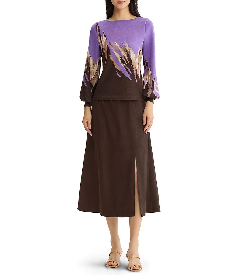 Ming Wang Jacquard Knit Abstract Brushstroke Print Boat Neck Long Balloon Sleeve Top