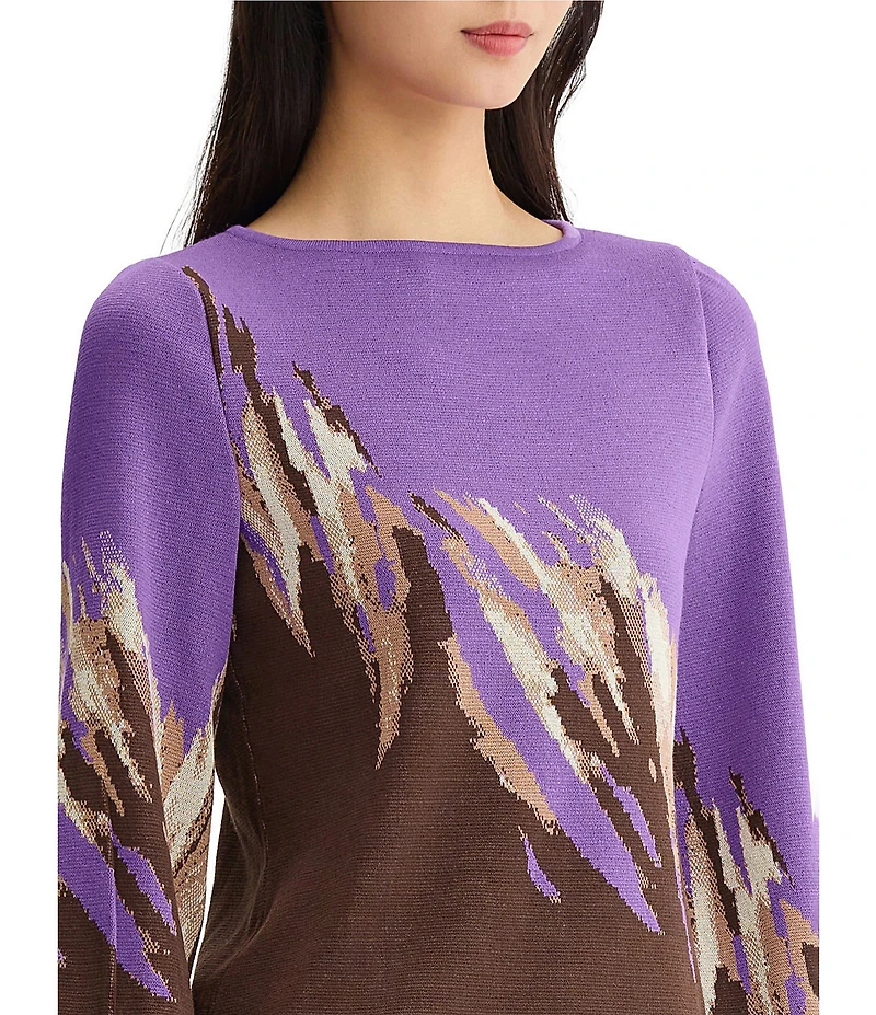 Ming Wang Jacquard Knit Abstract Brushstroke Print Boat Neck Long Balloon Sleeve Top