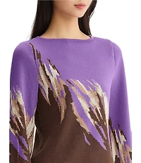 Ming Wang Jacquard Knit Abstract Brushstroke Print Boat Neck Long Balloon Sleeve Top