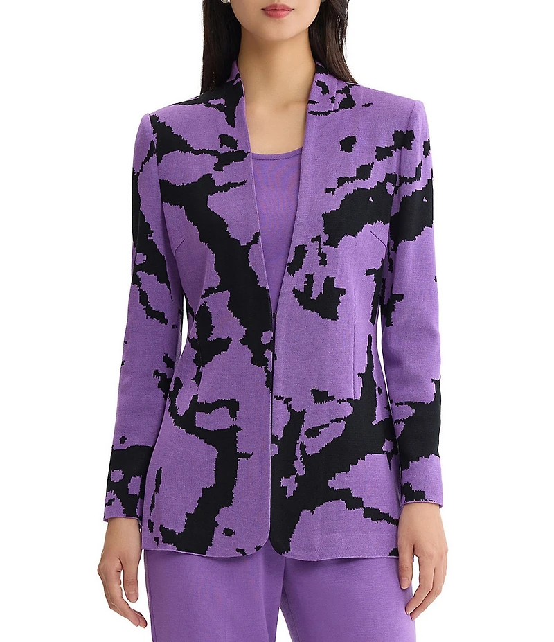 Ming Wang Jacquard Knit Abstract Mandarin Collar Long Sleeve Fitted Jacket