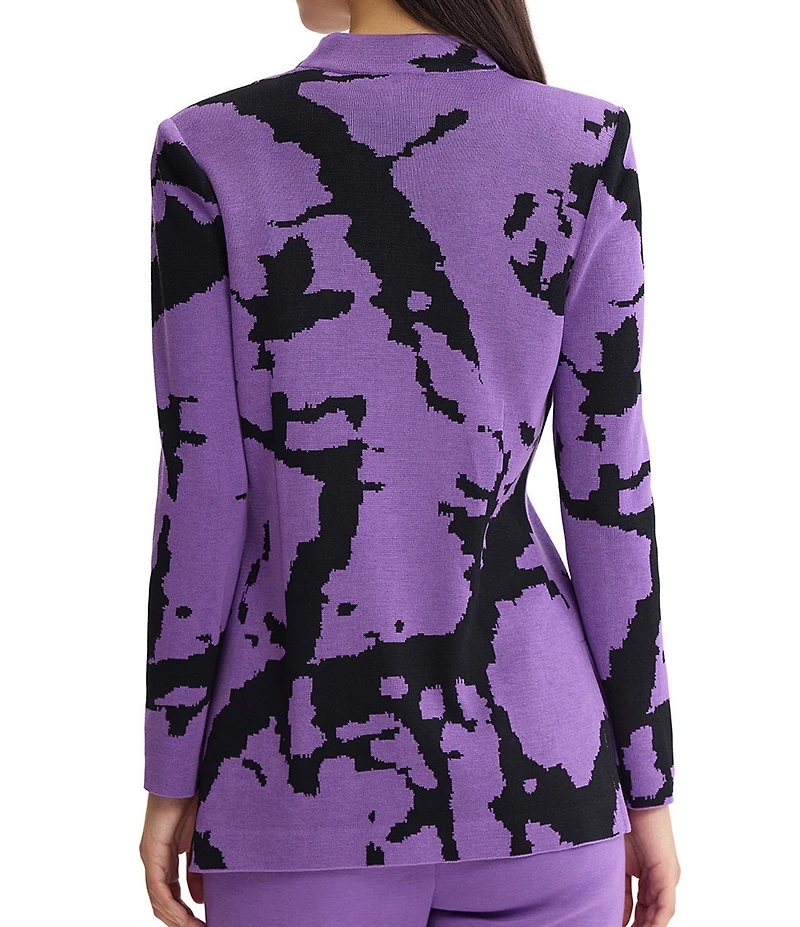 Ming Wang Jacquard Knit Abstract Mandarin Collar Long Sleeve Fitted Jacket