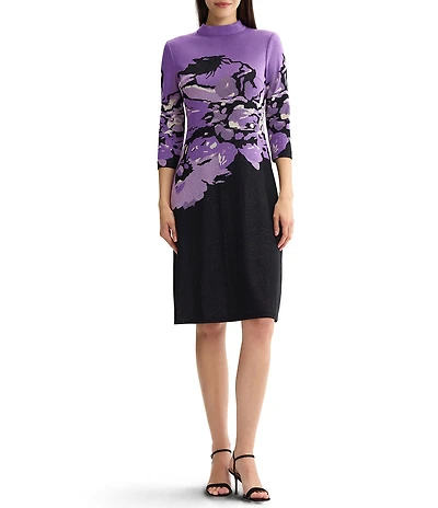 Ming Wang Jacquard Knit Abstract Mock Neck 3/4 Sleeve A-Line Dress