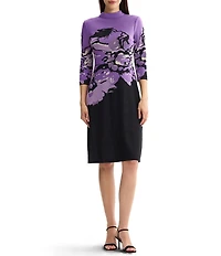 Ming Wang Jacquard Knit Abstract Mock Neck 3/4 Sleeve A-Line Dress