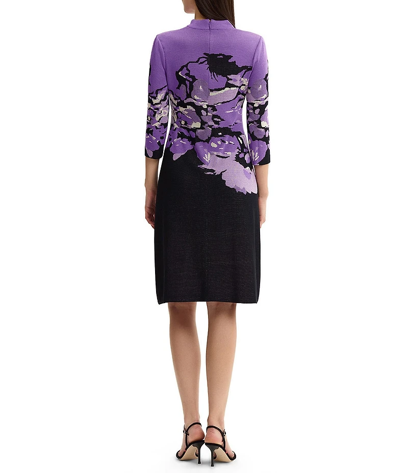 Ming Wang Jacquard Knit Abstract Mock Neck 3/4 Sleeve A-Line Dress