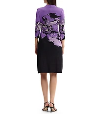 Ming Wang Jacquard Knit Abstract Mock Neck 3/4 Sleeve A-Line Dress