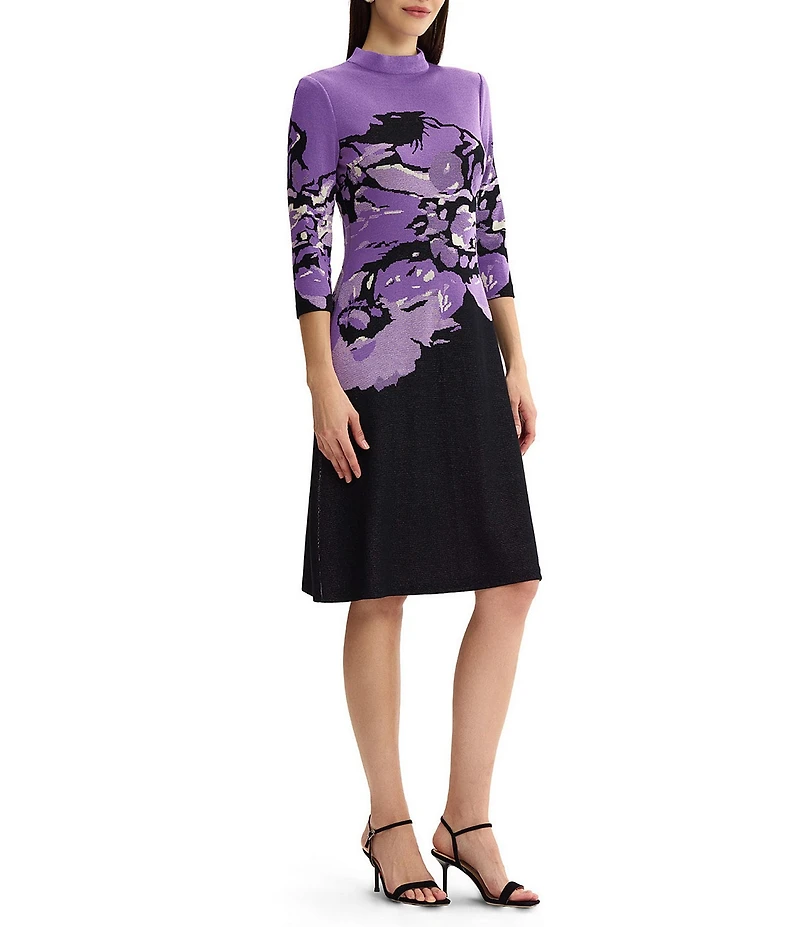Ming Wang Jacquard Knit Abstract Mock Neck 3/4 Sleeve A-Line Dress