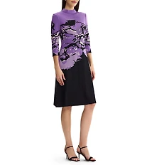 Ming Wang Jacquard Knit Abstract Mock Neck 3/4 Sleeve A-Line Dress