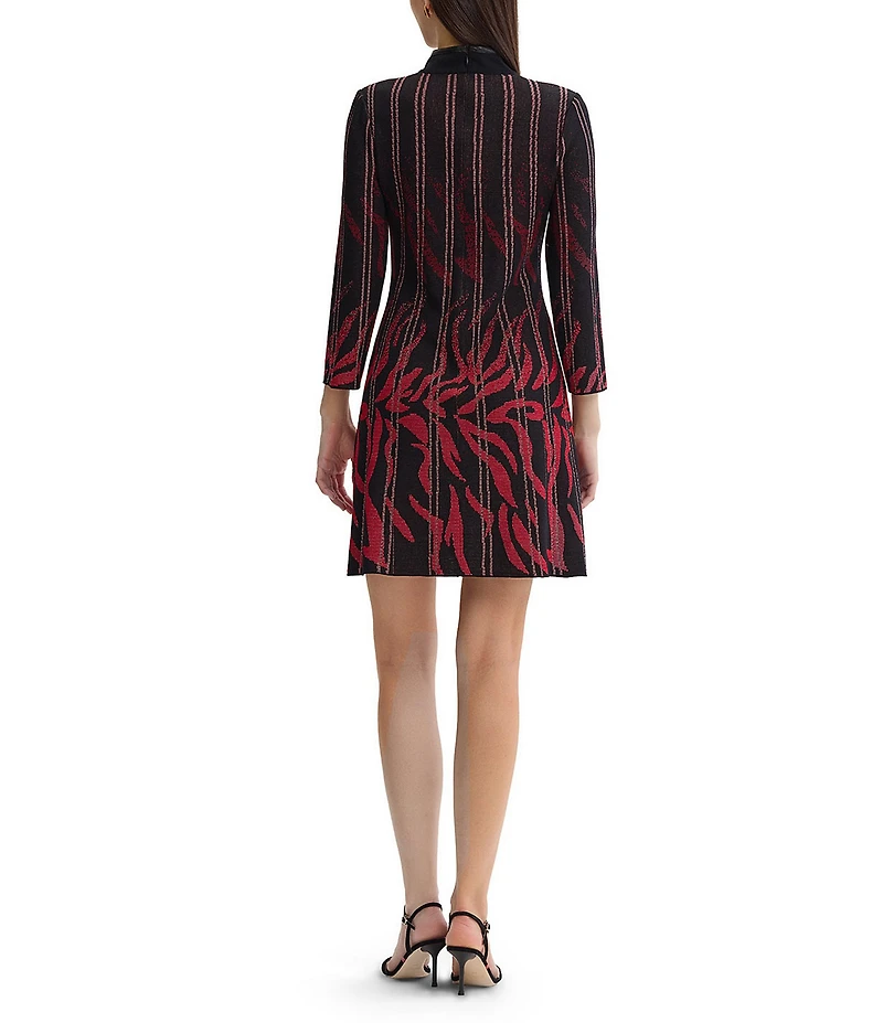 Ming Wang Jacquard Knit Animal Stripe Print Mock Neck Bracelet Sleeve Sheath Dress