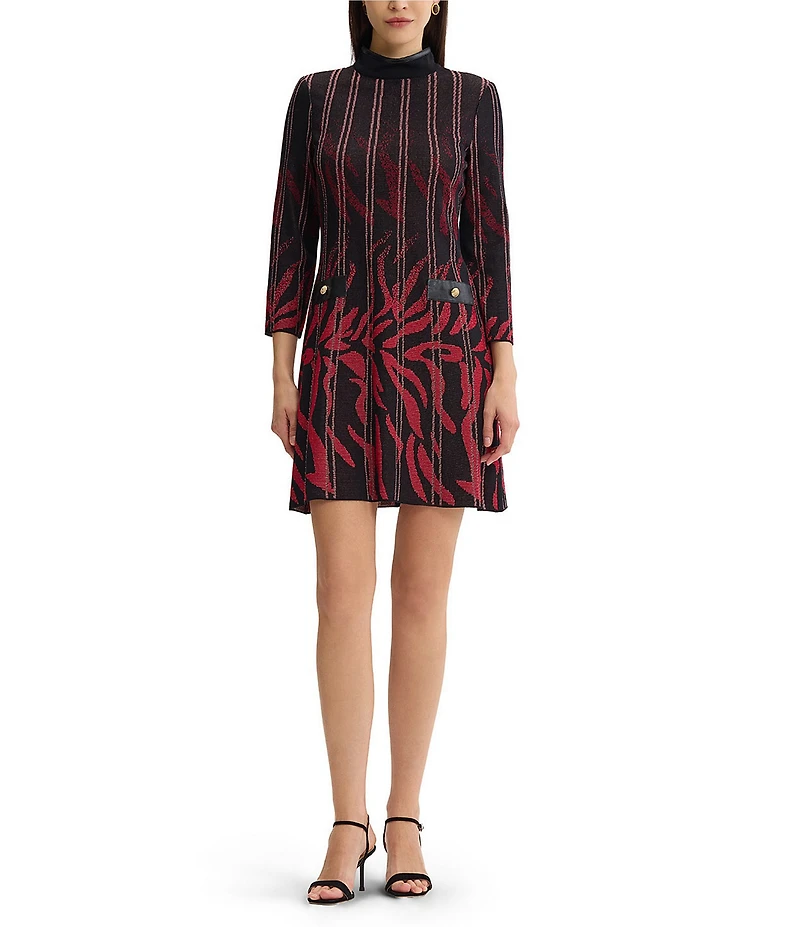 Ming Wang Jacquard Knit Animal Stripe Print Mock Neck Bracelet Sleeve Sheath Dress