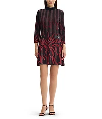 Ming Wang Jacquard Knit Animal Stripe Print Mock Neck Bracelet Sleeve Sheath Dress