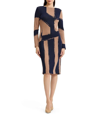 Ming Wang Jacquard Knit Brushstroke Print Boat Neck Long Sleeve Sheath Dress