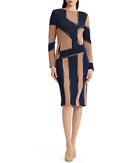 Ming Wang Jacquard Knit Brushstroke Print Boat Neck Long Sleeve Sheath Dress
