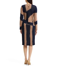 Ming Wang Jacquard Knit Brushstroke Print Boat Neck Long Sleeve Sheath Dress