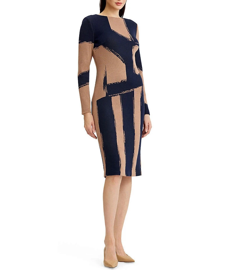 Ming Wang Jacquard Knit Brushstroke Print Boat Neck Long Sleeve Sheath Dress