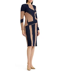 Ming Wang Jacquard Knit Brushstroke Print Boat Neck Long Sleeve Sheath Dress