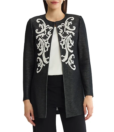 Ming Wang Jacquard Knit Filigree Round Neck Long Sleeve Jacket