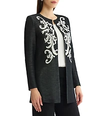 Ming Wang Jacquard Knit Filigree Round Neck Long Sleeve Jacket