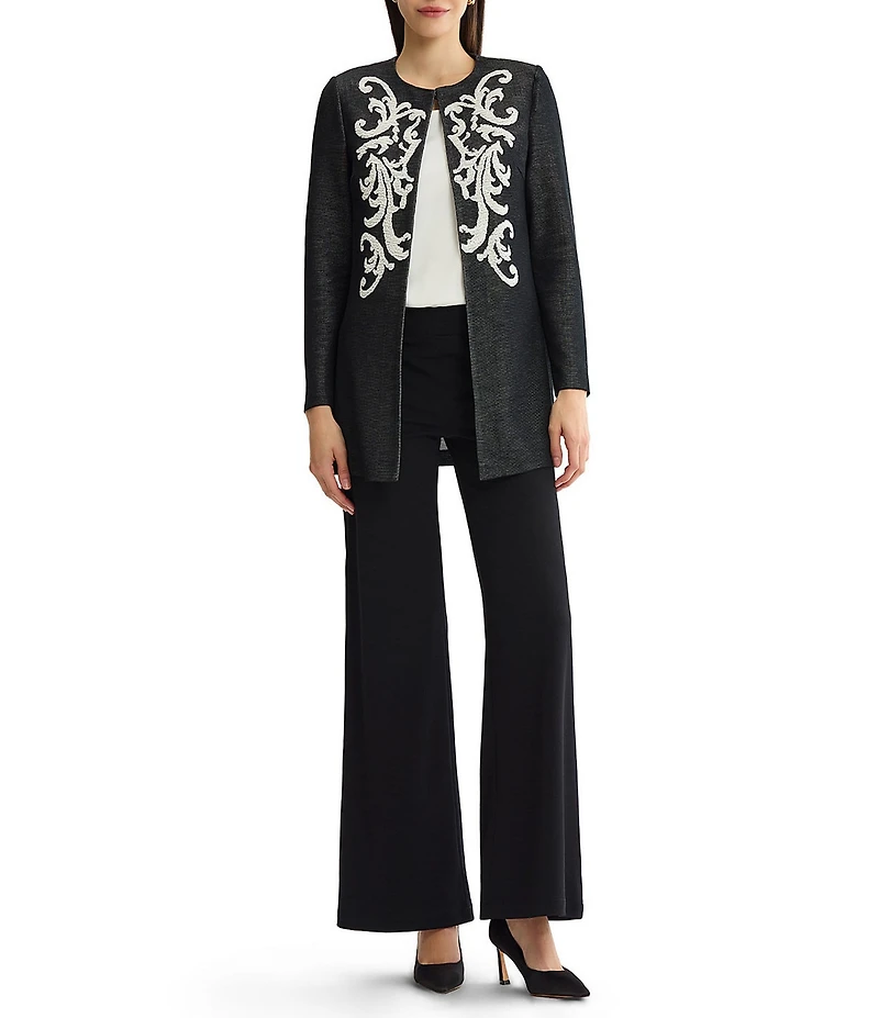 Ming Wang Jacquard Knit Filigree Round Neck Long Sleeve Jacket
