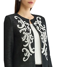 Ming Wang Jacquard Knit Filigree Round Neck Long Sleeve Jacket