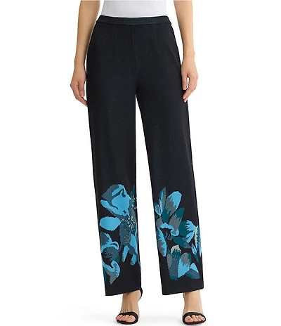 Ming Wang Jacquard Knit Floral Placement Print No Roll Elastic Waist Pull-On Coordinating Pants