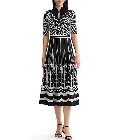 Ming Wang Jacquard Knit Mixed Print Split Mandarin Collar Short Sleeve Fit & Flare Midi Dress