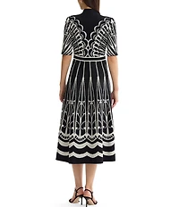 Ming Wang Jacquard Knit Mixed Print Split Mandarin Collar Short Sleeve Fit & Flare Midi Dress