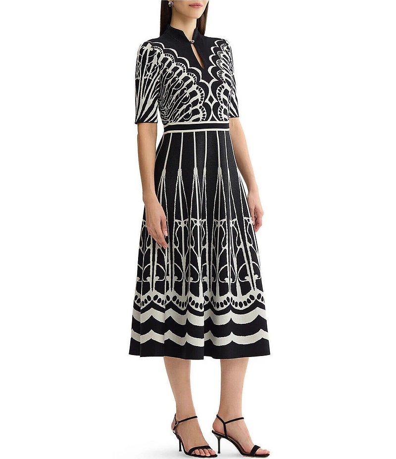 Ming Wang Jacquard Knit Mixed Print Split Mandarin Collar Short Sleeve Fit & Flare Midi Dress