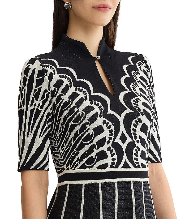 Ming Wang Jacquard Knit Mixed Print Split Mandarin Collar Short Sleeve Fit & Flare Midi Dress