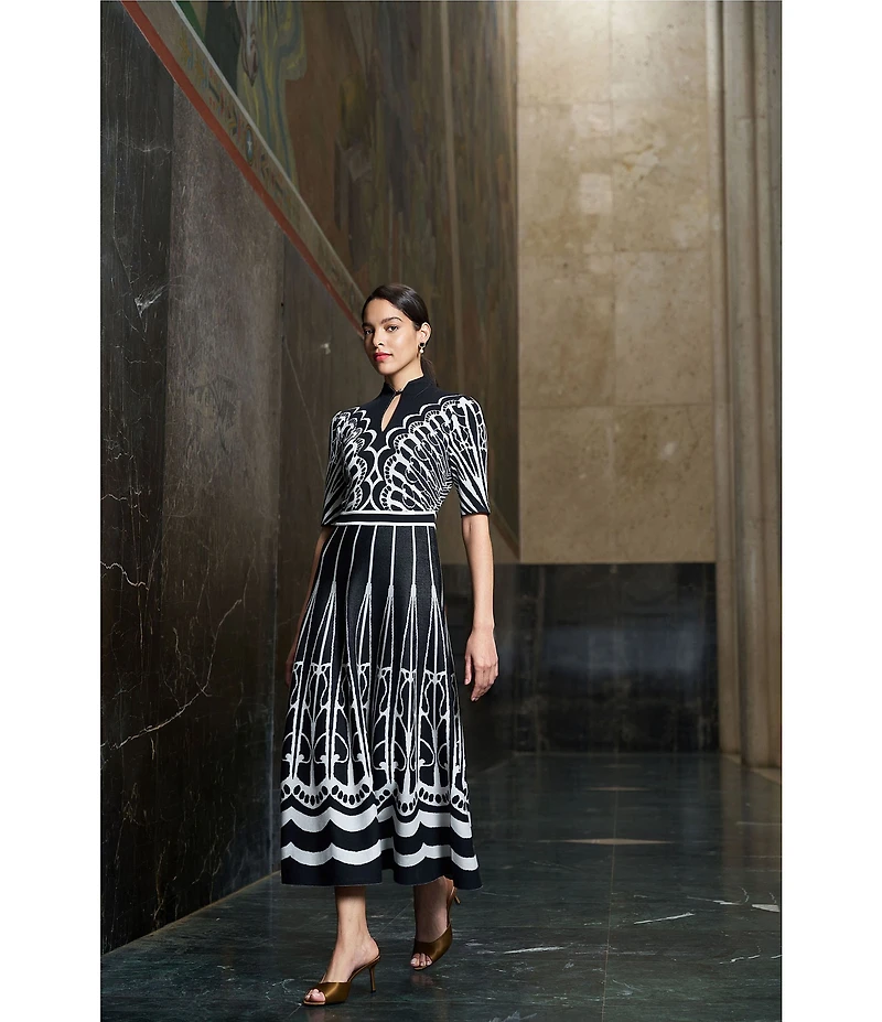 Ming Wang Jacquard Knit Mixed Print Split Mandarin Collar Short Sleeve Fit & Flare Midi Dress