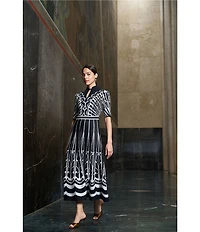 Ming Wang Jacquard Knit Mixed Print Split Mandarin Collar Short Sleeve Fit & Flare Midi Dress