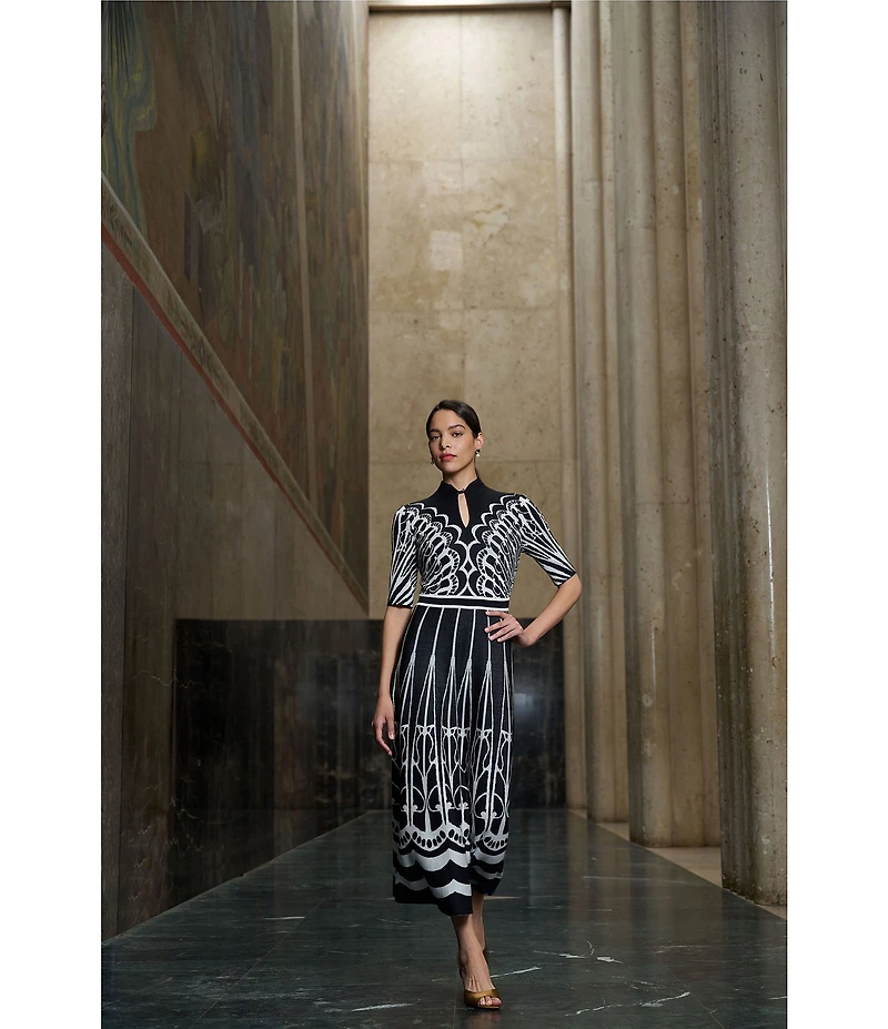 Ming Wang Jacquard Knit Mixed Print Split Mandarin Collar Short Sleeve Fit & Flare Midi Dress