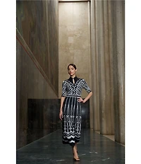 Ming Wang Jacquard Knit Mixed Print Split Mandarin Collar Short Sleeve Fit & Flare Midi Dress