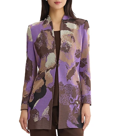Ming Wang Jacquard Knit Multi Color Abstract Mandarin Collar Tailored Jacket