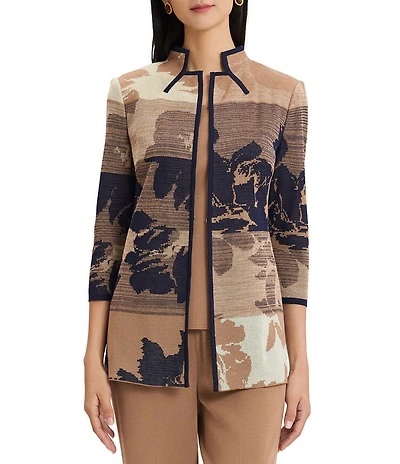 Ming Wang Jacquard Knit Ombre Floral Mandarin Collar 3/4 Sleeve Shoulder Pad Jacket