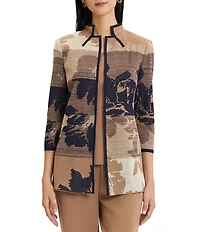 Ming Wang Jacquard Knit Ombre Floral Mandarin Collar 3/4 Sleeve Shoulder Pad Jacket